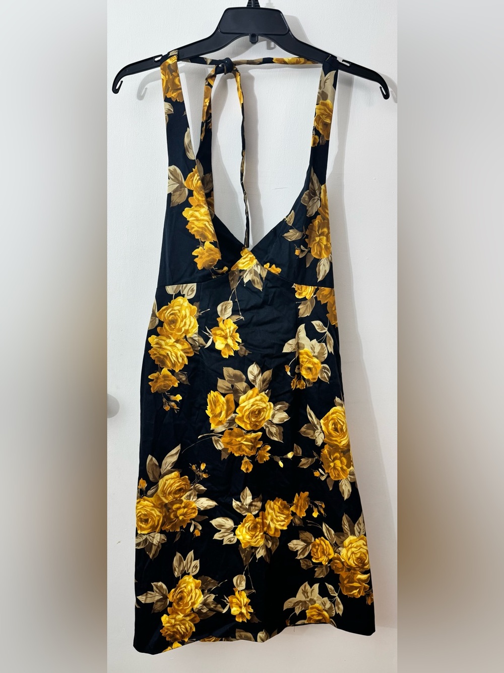 Donna Ricco Black Dress with Yellow Rose Print and Tie-Back